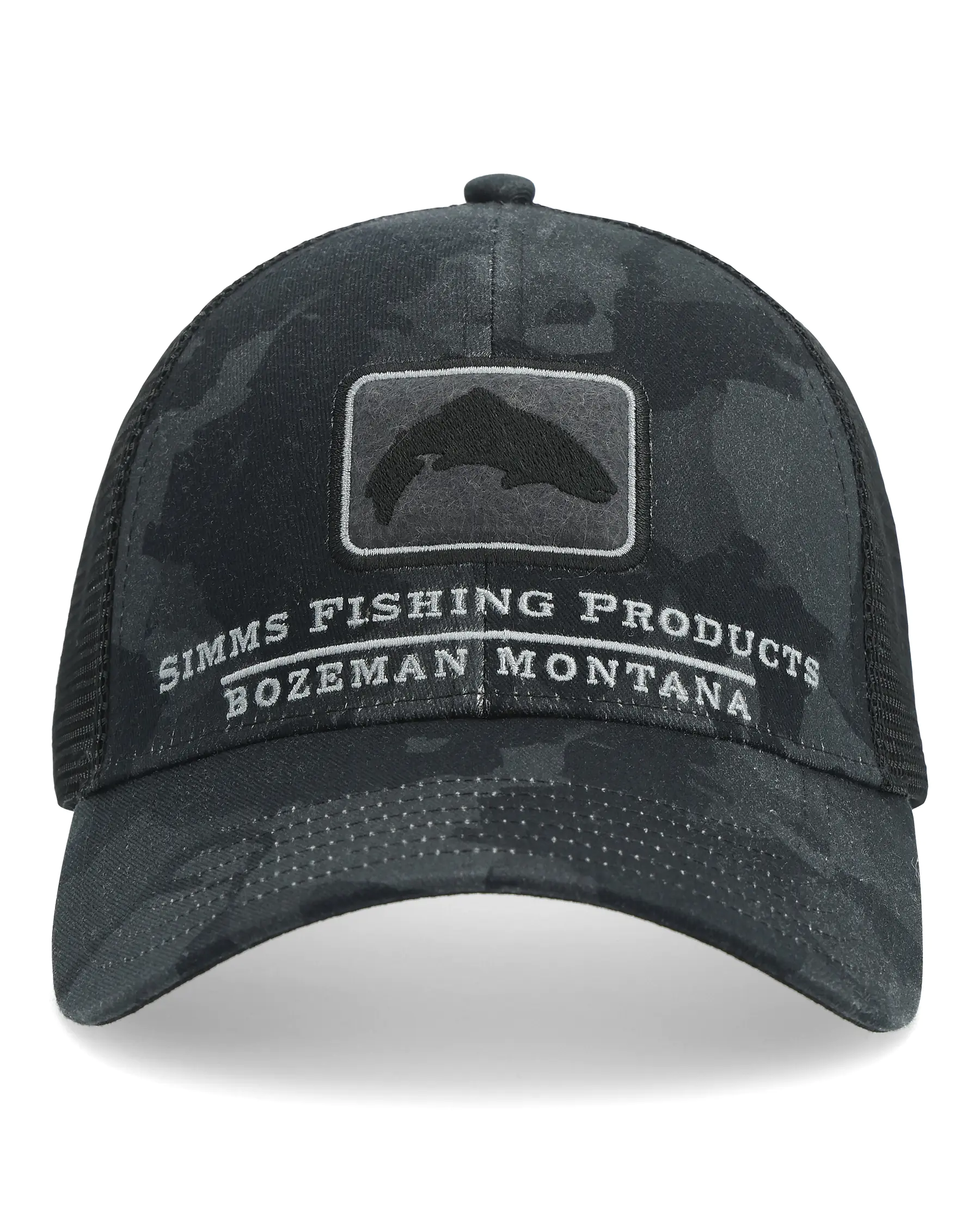 Simms Trout Icon Trucker Snapback Hat Fish Camo Bozeman Montana